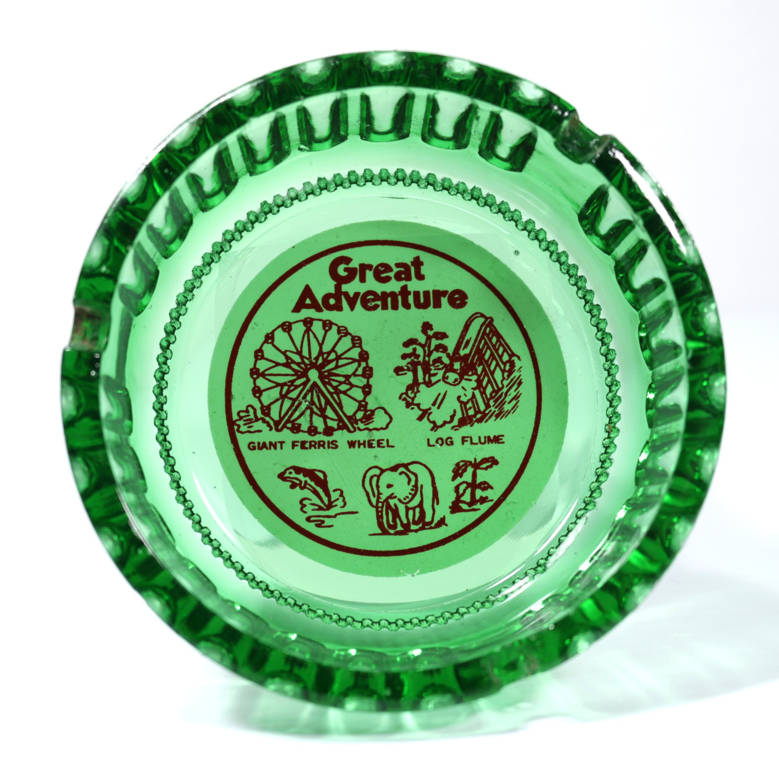 RARE Vintage 70s GREAT ADVENTURE Green Glass Ashtray/Pre-Six Flags/Jackson NJ