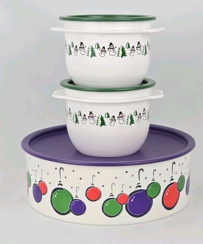 Tupperware One Touch Holiday Snowman and Evergreen Trees & Ornaments Containers