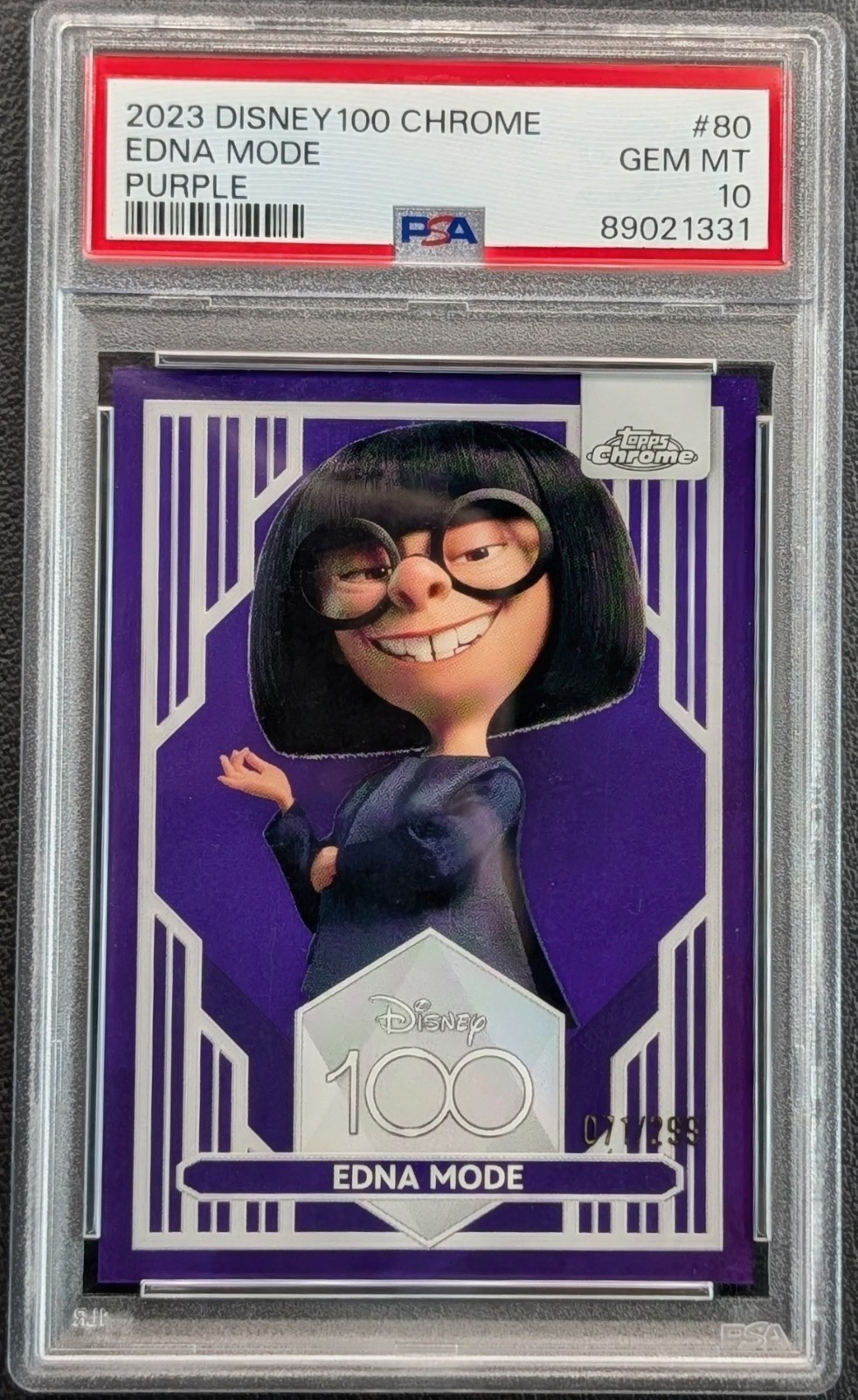 2023 Topps Chrome Disney 100 Edna Mode Incredibles Purple Refractor /299 PSA 10