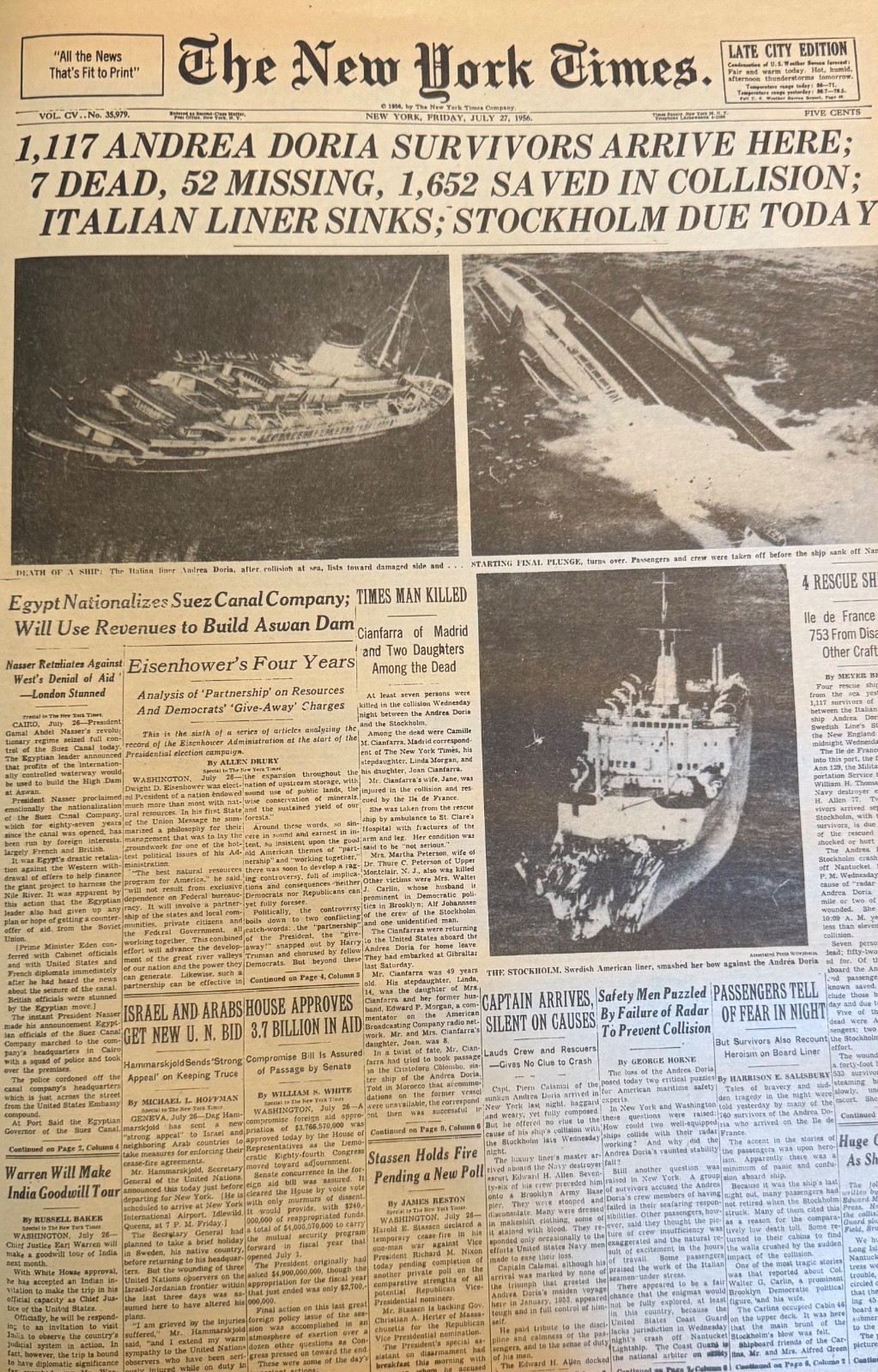 Vintage Sinking of the Andrea Doria NEW YORK TIMES News Article Estate Sale Find