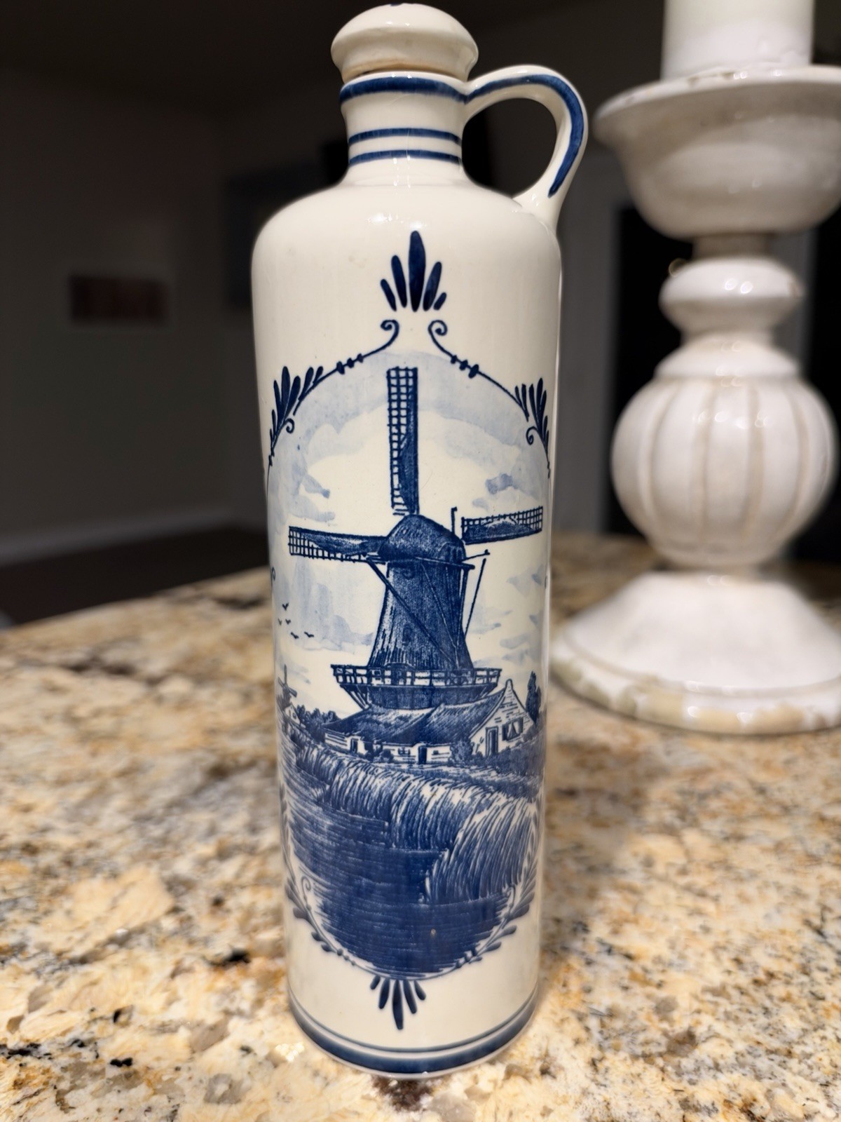 Vintage Delft Blue BOLS Decanter Holland Hand Painted Windmill Cork Stopper