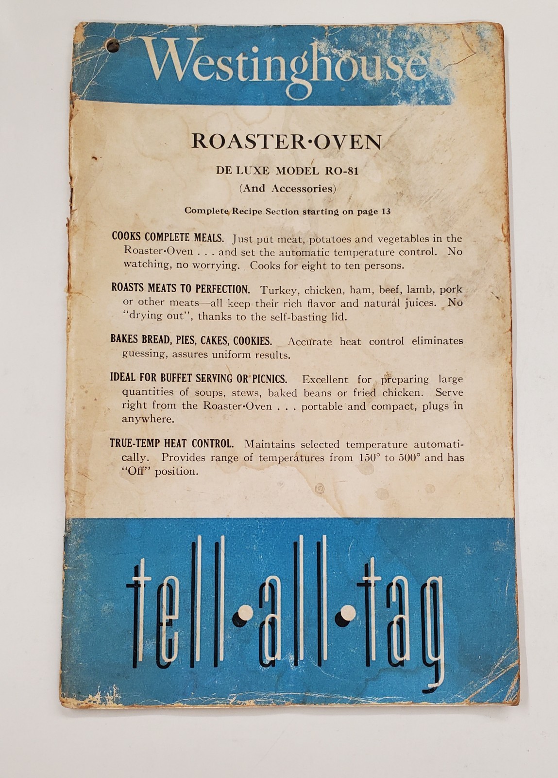 c1950s Westinghouse RO-81 Roaster Oven Manual Recipe Book Tell-All-Tag Cook Book