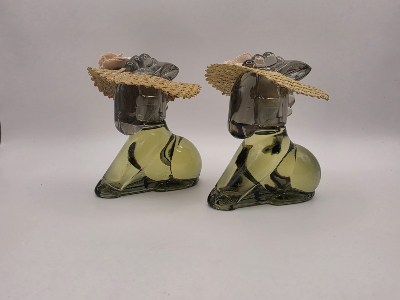 2 Beautiful Burros With Wicker Hats And Flowers Vintage Avon Glass Bottles Decor