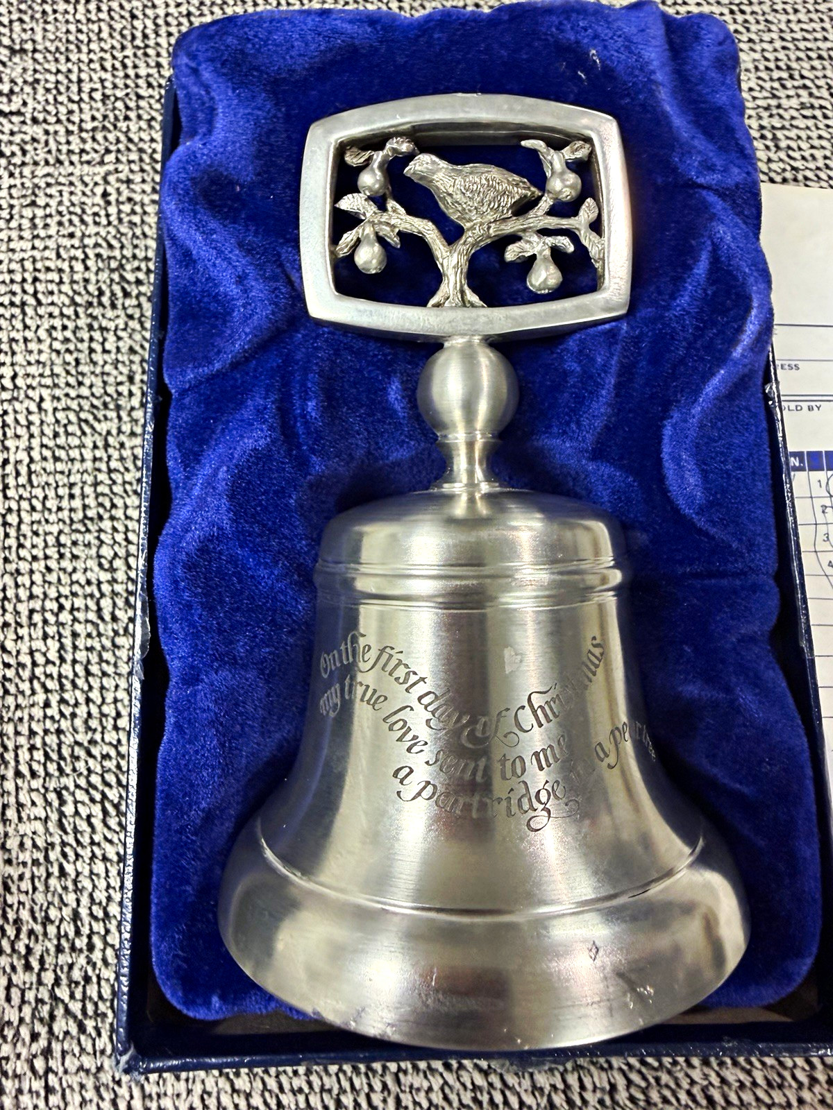 Vintage Crown and Rose Pewter Christmas Bell Partridge in Pear Tree 1978 Box