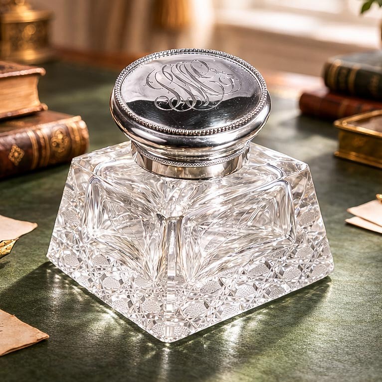 Stunning Large Ornate Antique Paperweight Sterling Silver Desk Inkwell
