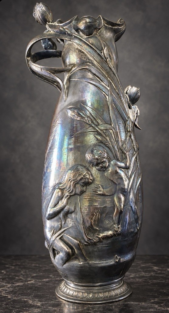 Art Nouveau Pewter 19” Vase Children Frogs Irises Signed W. Hering