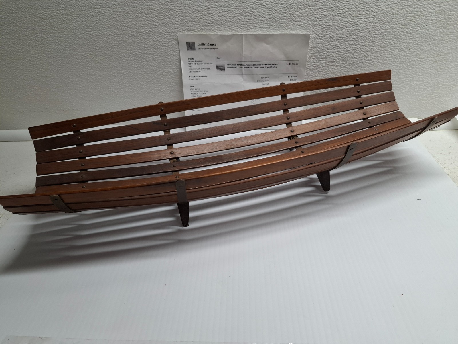 Mid Century Modern Jacaranda Wood and Brass Fruit Display Bowl Rack Marked 451