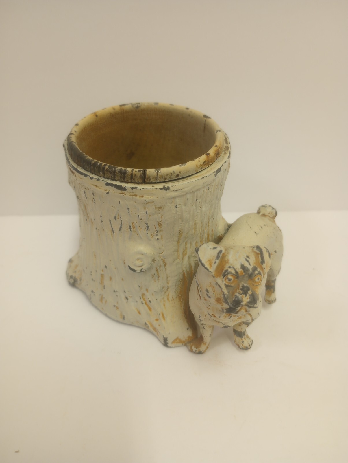 Antique Vintage Metal Toothpick Match Holder Tree Stump and Pug Dog with Insert