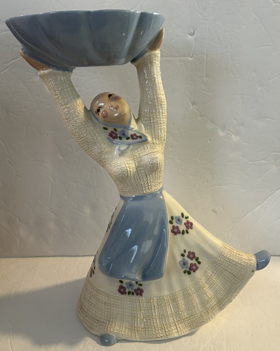VTG Hedi Schoop Pottery Dutch Girl Holding Bowl 13.25” Figurine MCM Signed