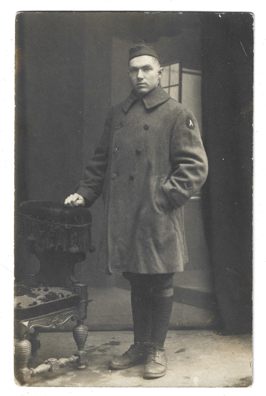 US WWI RPPC 3rd Army Soldier German Studio ca. 1919 Patched Sleeve on Overcoat