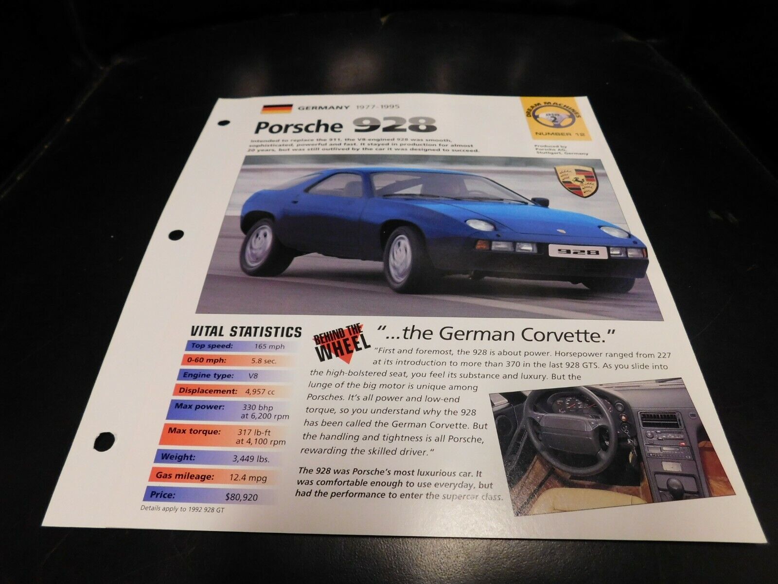 1977-1995 Porsche 928 Spec Sheet Brochure Photo Poster 78 79 80 81 94 93 92 91