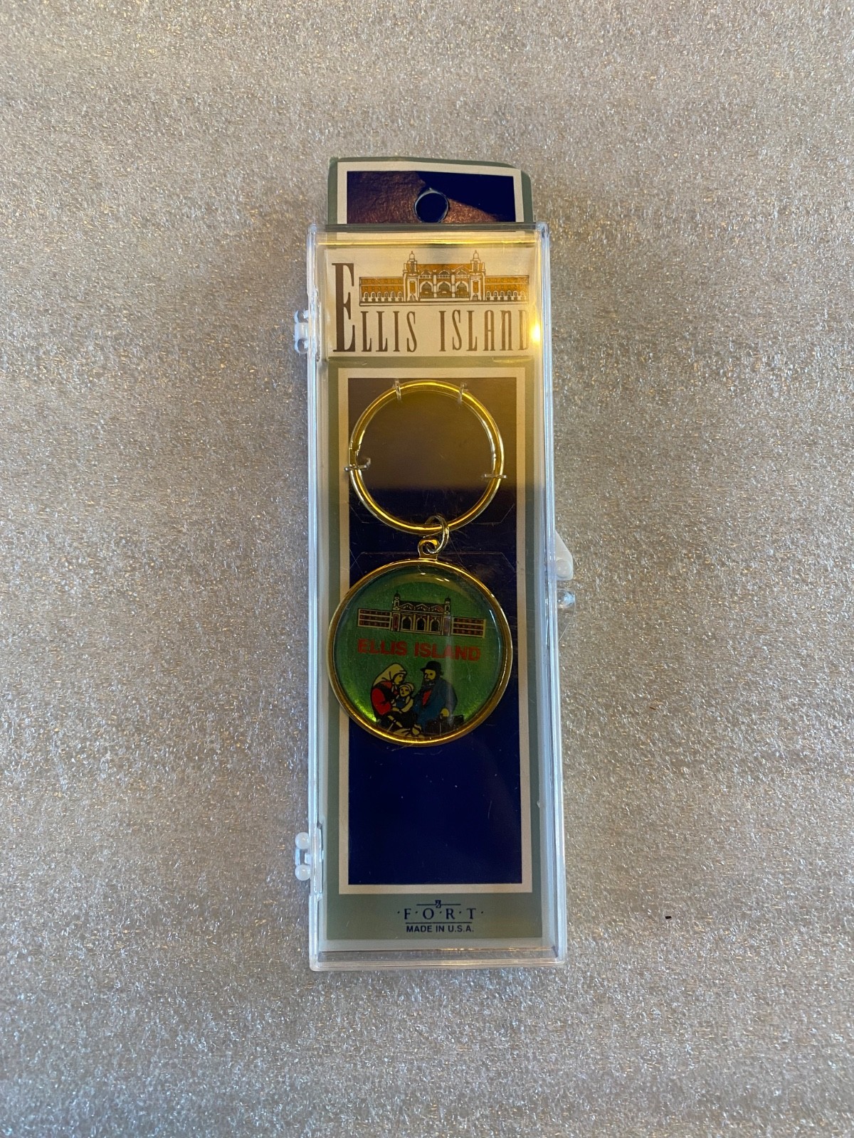 Ellis Island Commemorative Keychain w/ Gold Finished Bezel & Green Enamel
