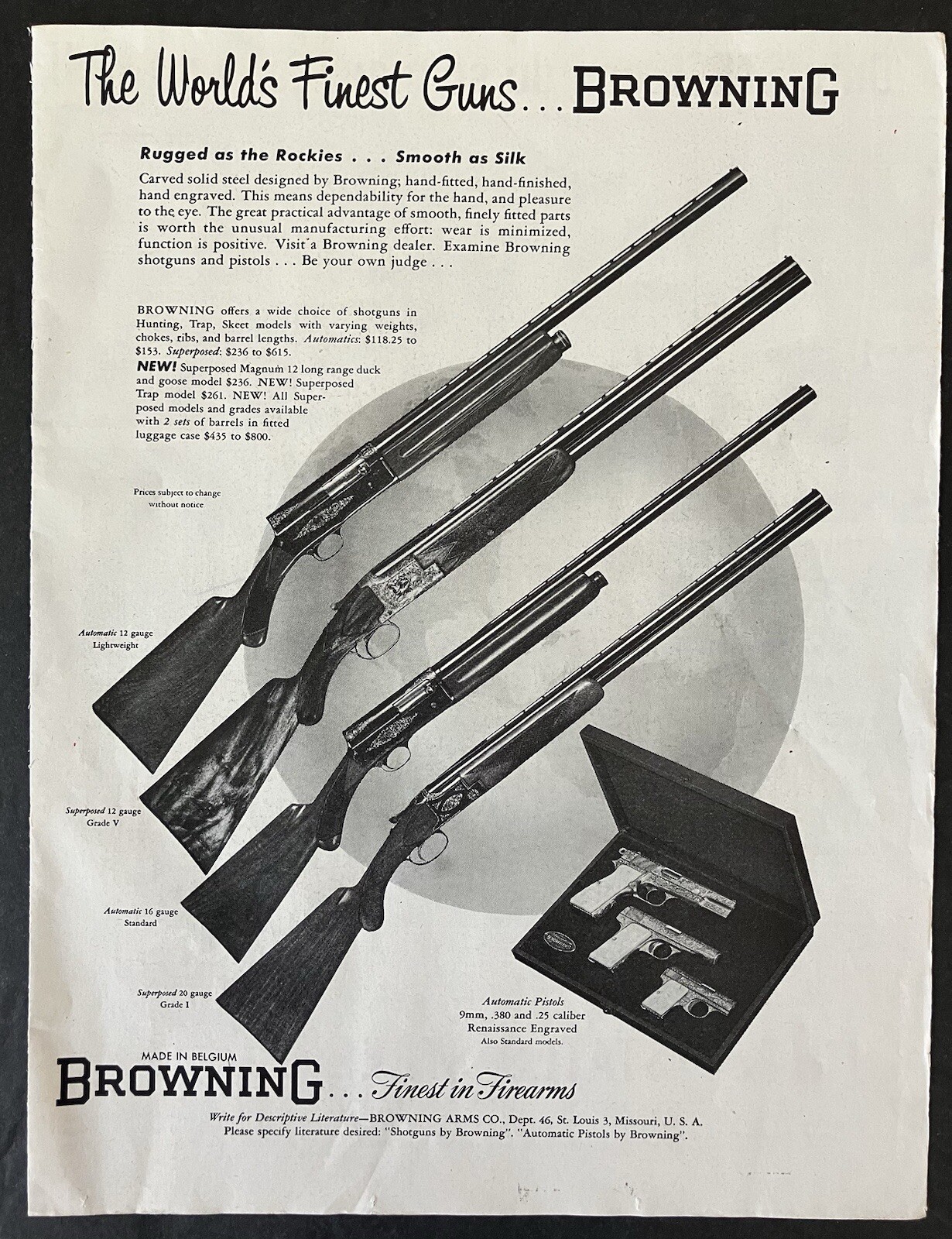 1954 Browning Finest in Firearms St. Louis Missouri B&W Vintage Print Ad