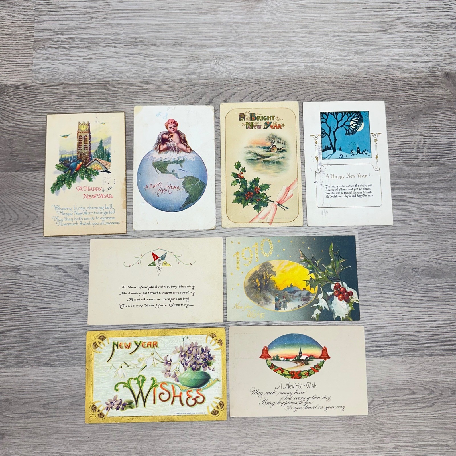 Antique New Year Postcards Set of 8 Vintage 1910-1923