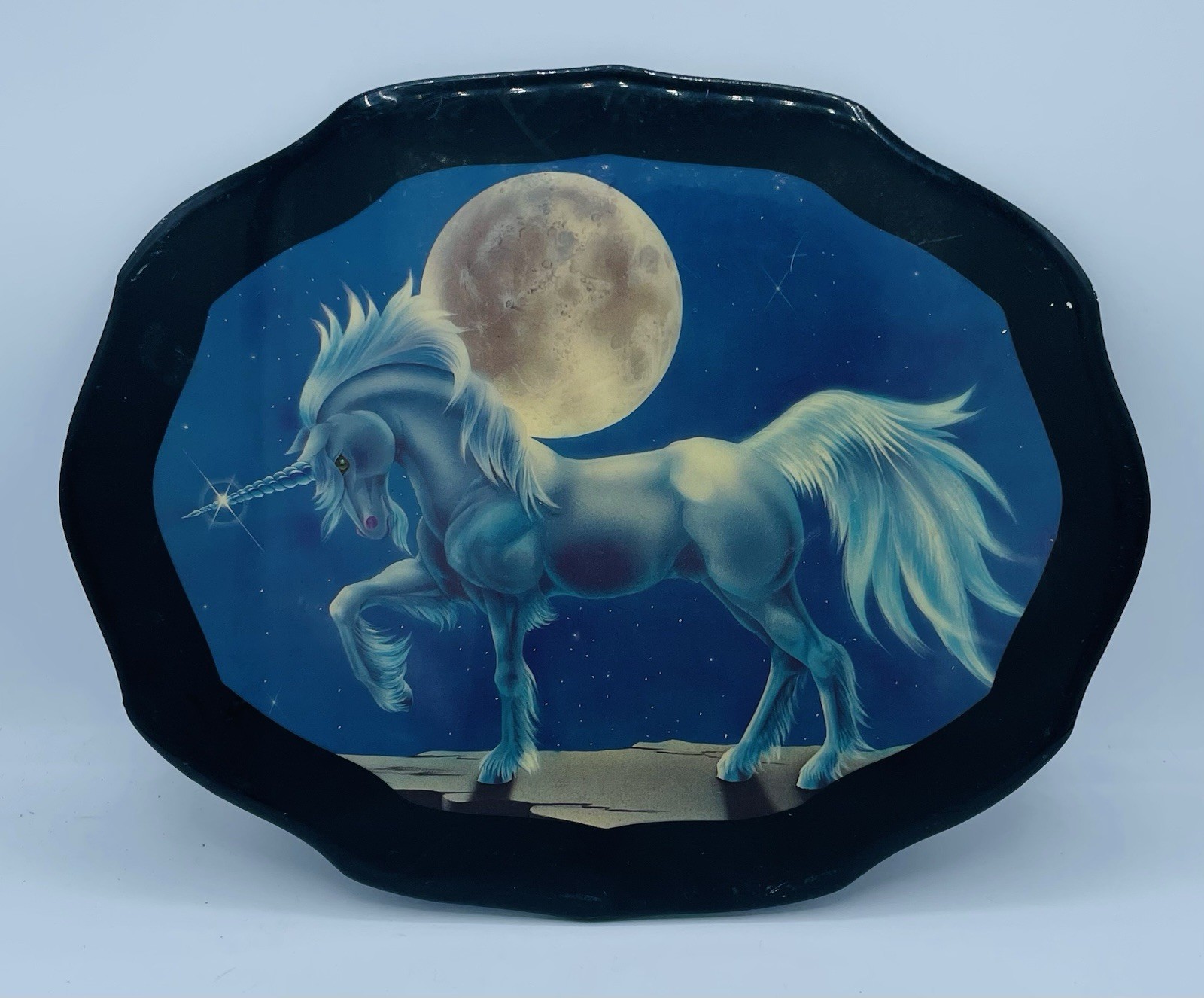 Rare Vintage 80s Sue Dawe Unicorn Art Print Lacquer Plaque Mythical Fantasy