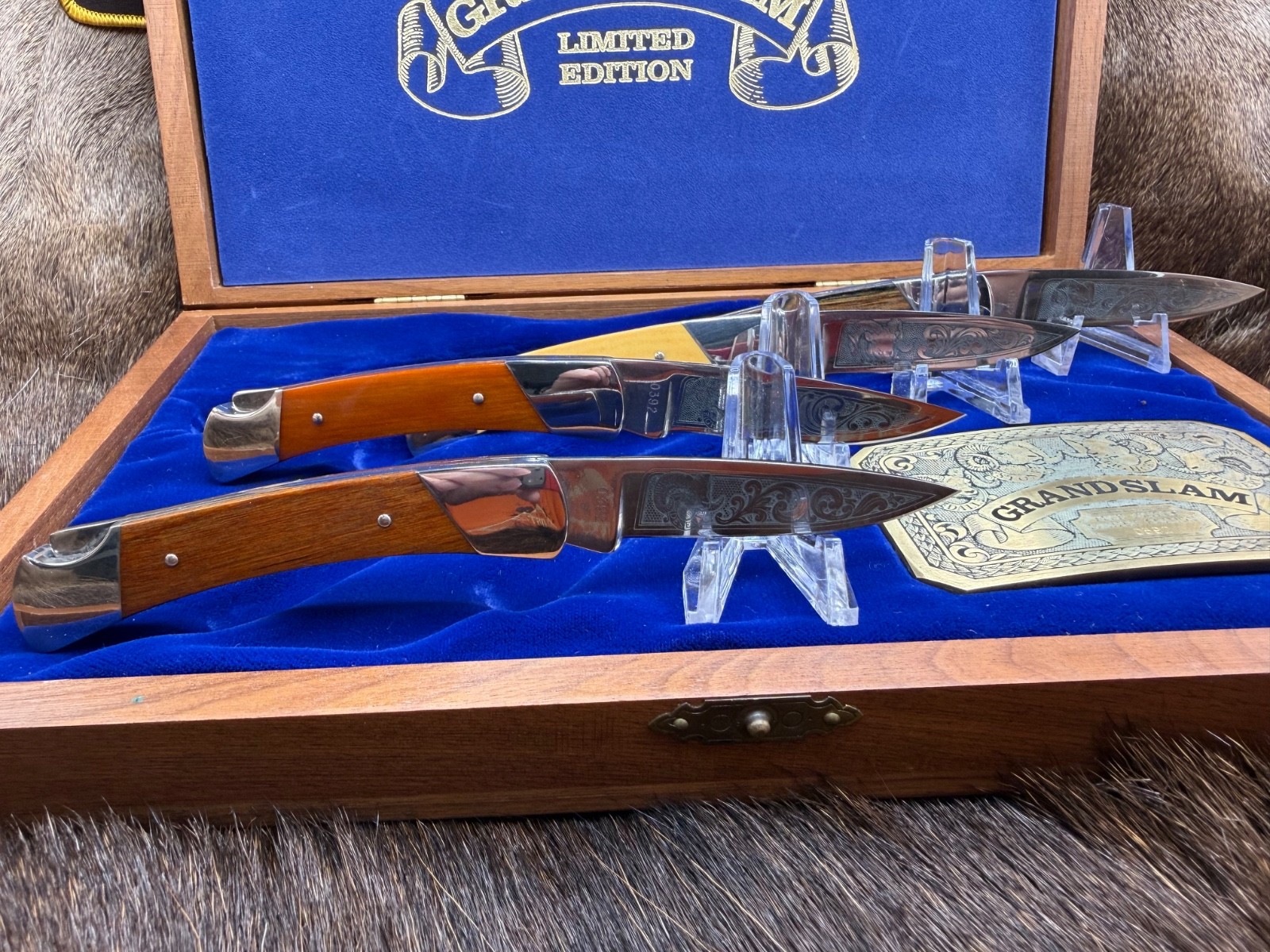 Vintage 1981 Buck 501 Squire Grand Slam Etch Folding Lockback Pocket Knife Set