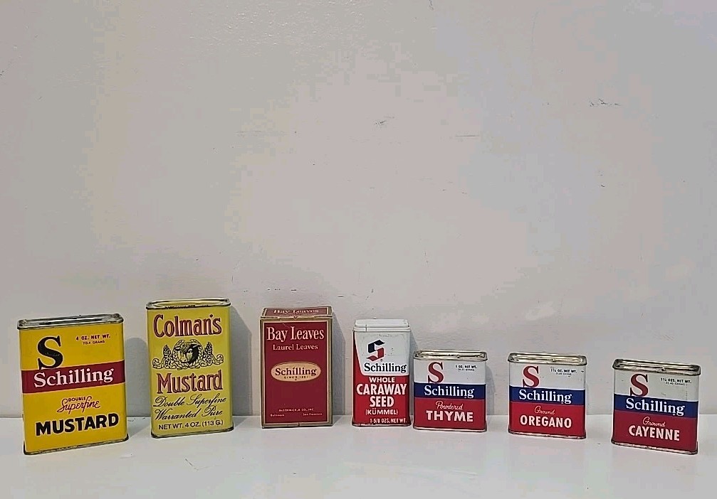 Vintage Schilling/Colman Spice Tins Lot - Set of 7 - Many Still Contain Contents