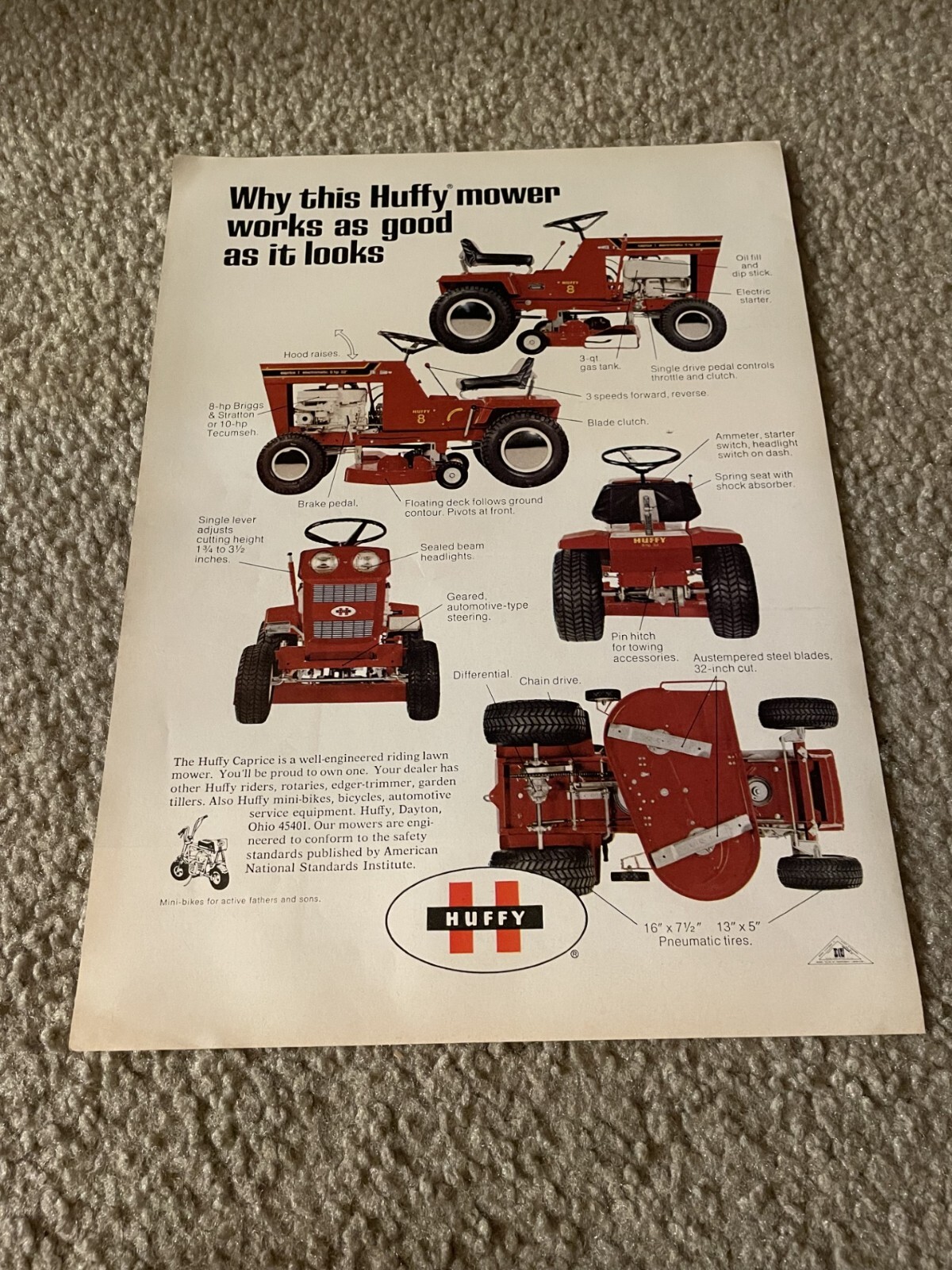 Vintage 1971 HUFFY CAPRICE LAWN TRACTOR RIDING MOWER PRINT AD 1970s