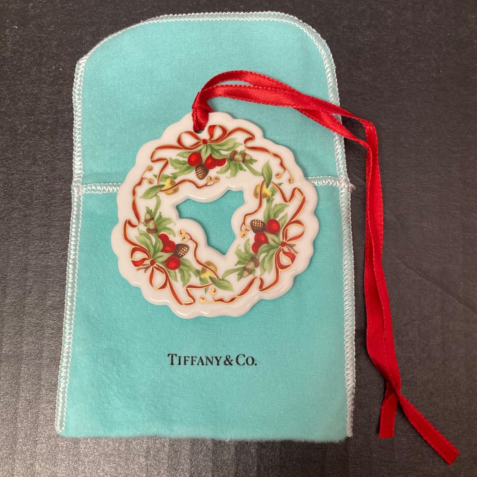 Vintage 1990s Tiffany Holiday Porcelain Bone China Wreath Ornament Japan