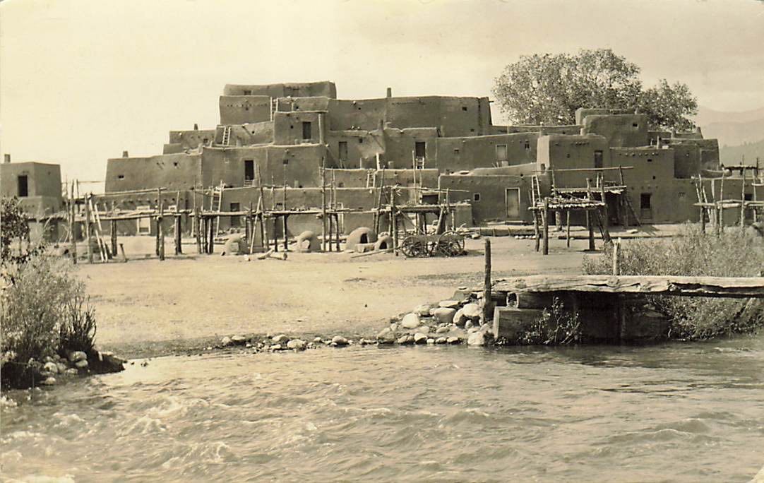 Taos Pueblo New Mexico RPPC Vintage Postcard Native American Village River 1920s