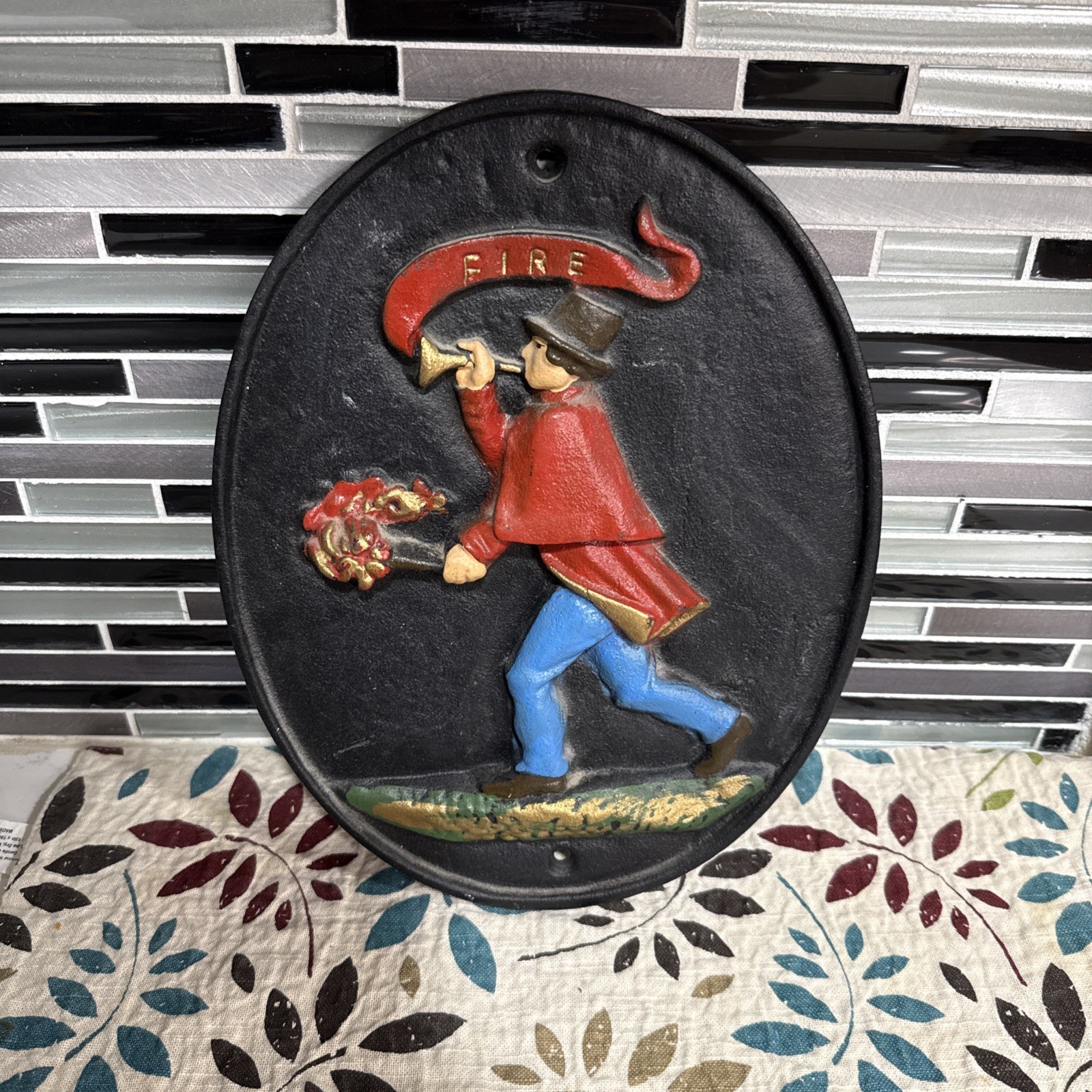 Vintage Cast Metal Dutch Boy Fire Mark Wall Plaque Painted Decor 8.5 x 11