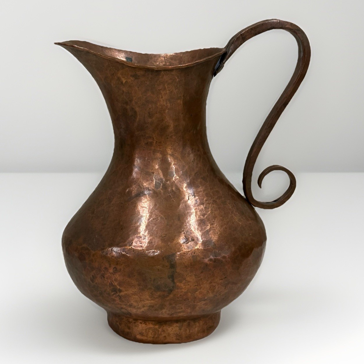 Antique Hand Hammered Copper Pitcher Scroll Handle 8”