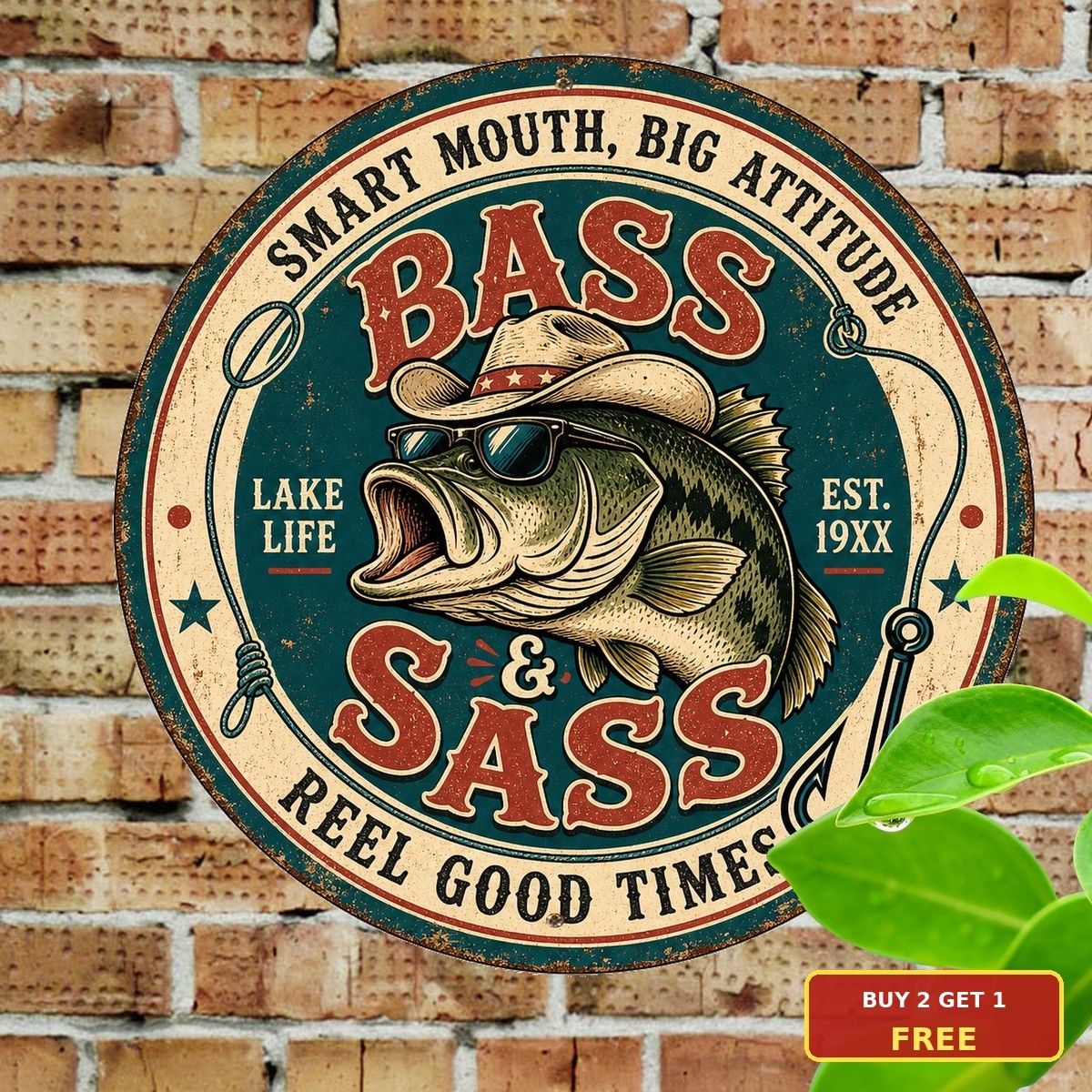 Funny Fishing Bass Sign Fisherman Cabin Lake House Round Metal Plaque 8x8