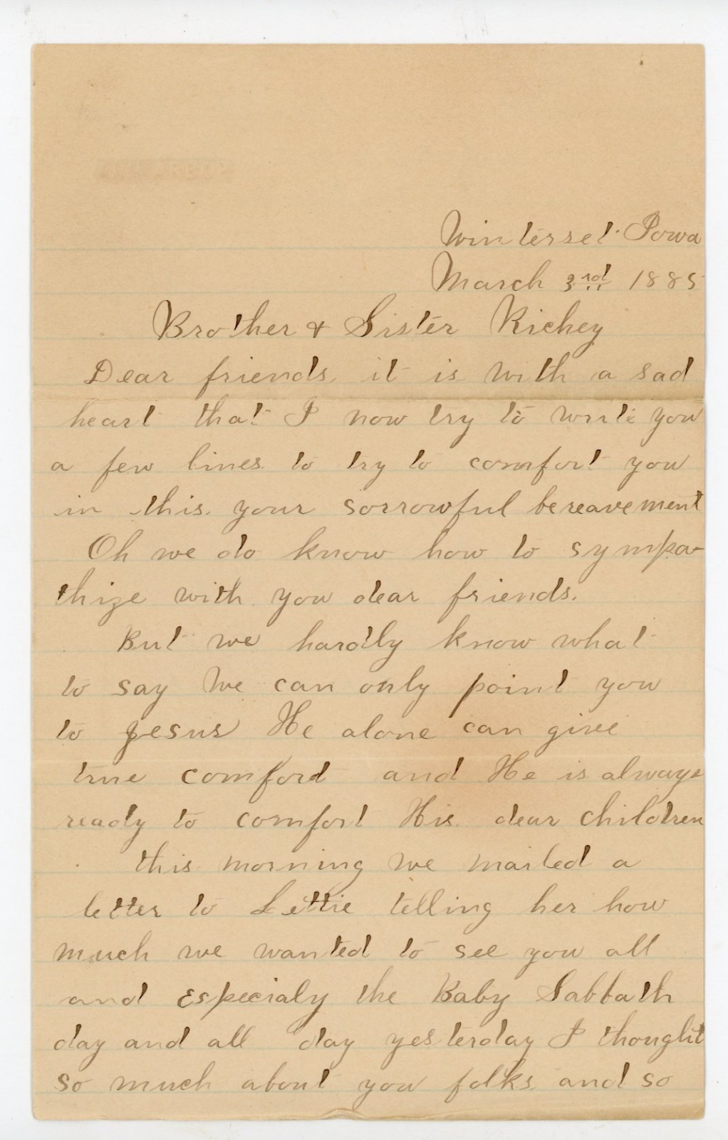 1885 Condolence Letter Winterset Iowa Child Death Mourning Ephemera Religion His