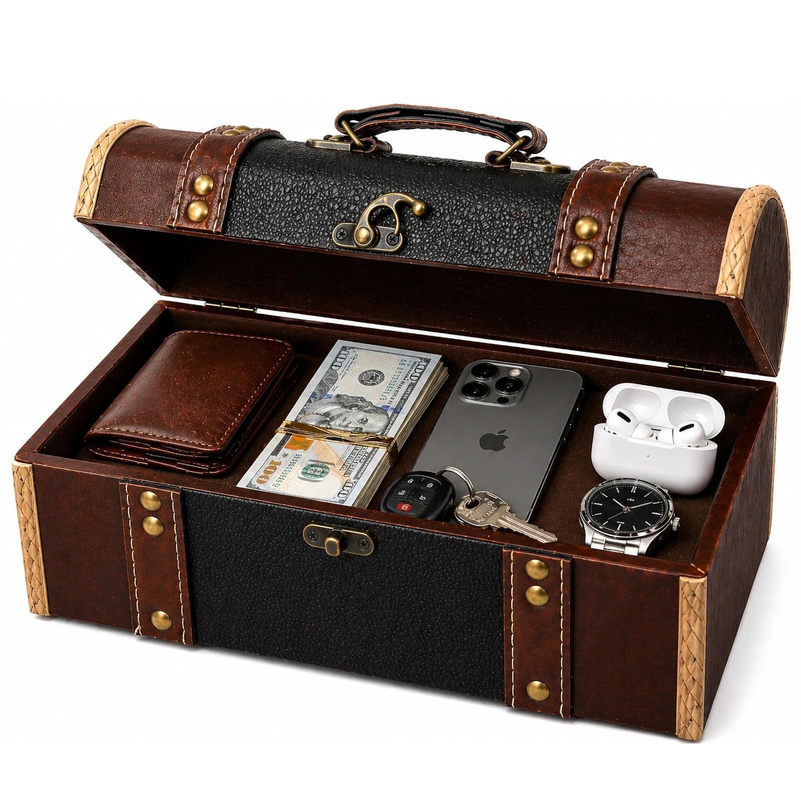 Vintage Decorative Wooden Treasure Chest & Shoe Box with Handle - Keepsake, Jewe