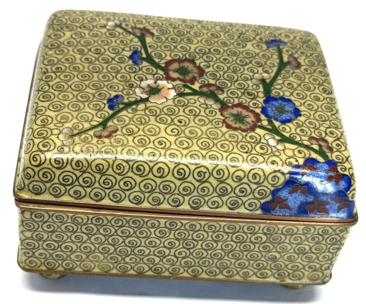 Vintage Chinese Cloisonne Hinged Box Tan W/ Cherry Blossom Flowers Ball Feet