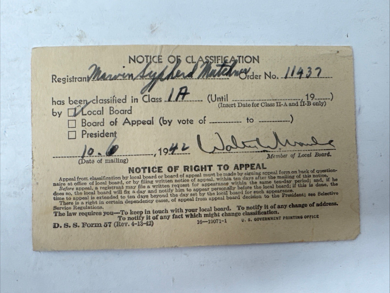 Vintage 1942 WWII NOTICE OF CLASSIFICATION Draft Card Clas 1A West Chester PA