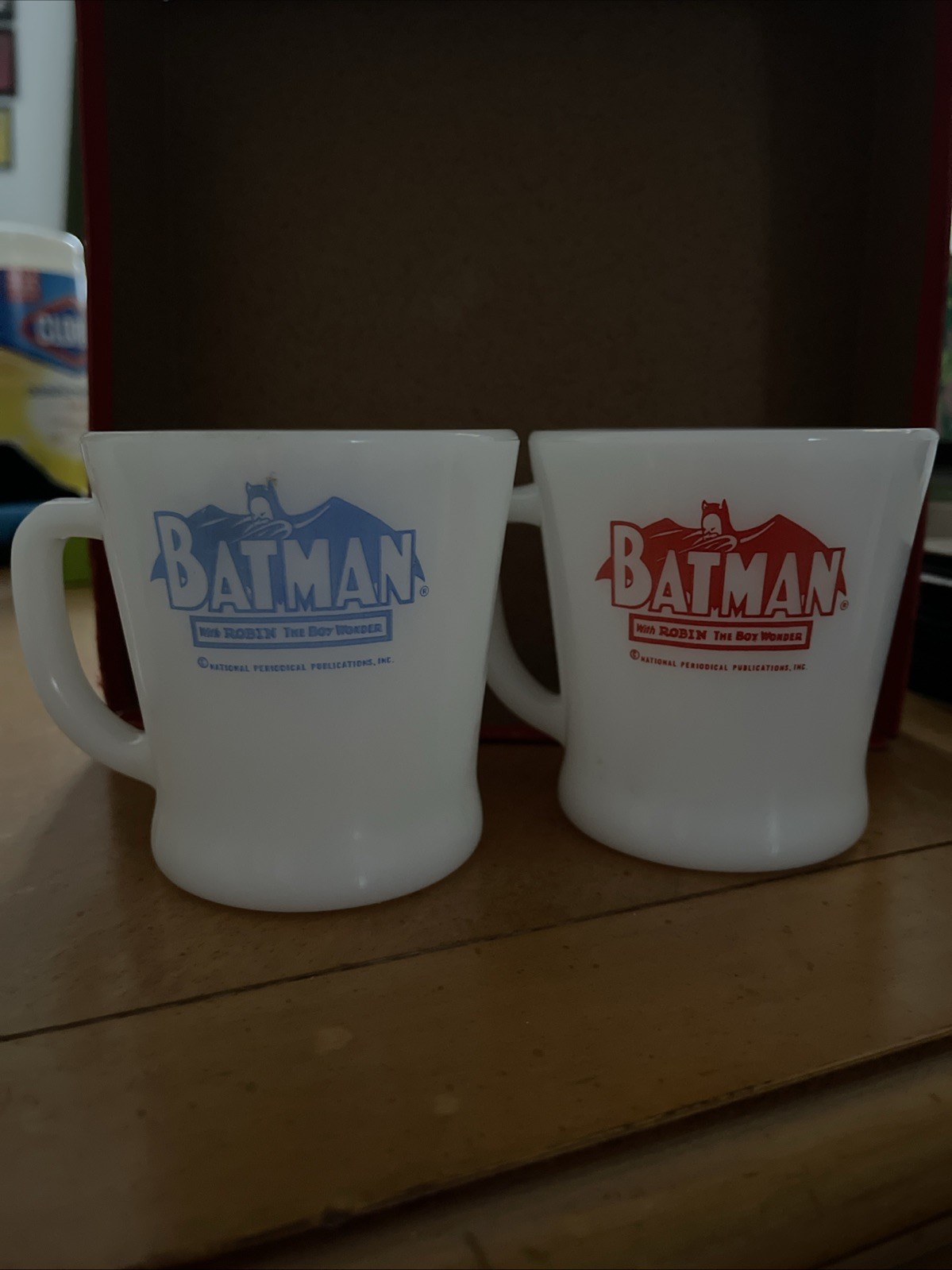 VTG 1966 Fire King Batman and Robin Milk Glass Mug Pair in Great Condition B