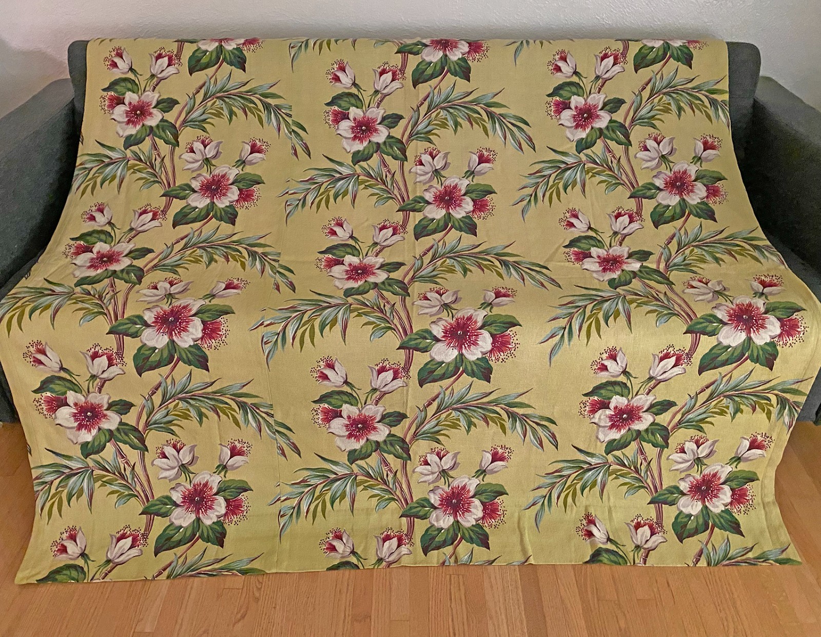 Vtg 40s 50s Barkcloth Panel Tropical Floral Hollywood Miami Yellow Chartreuse