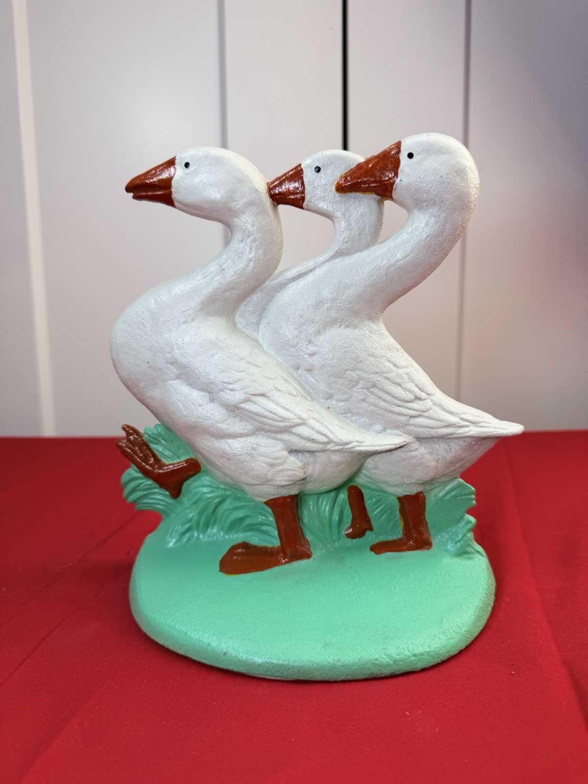 Vtg Cast Iron Three Geese Bird Doorstop Garden Statue Farmhouse Decor 8” Heavy