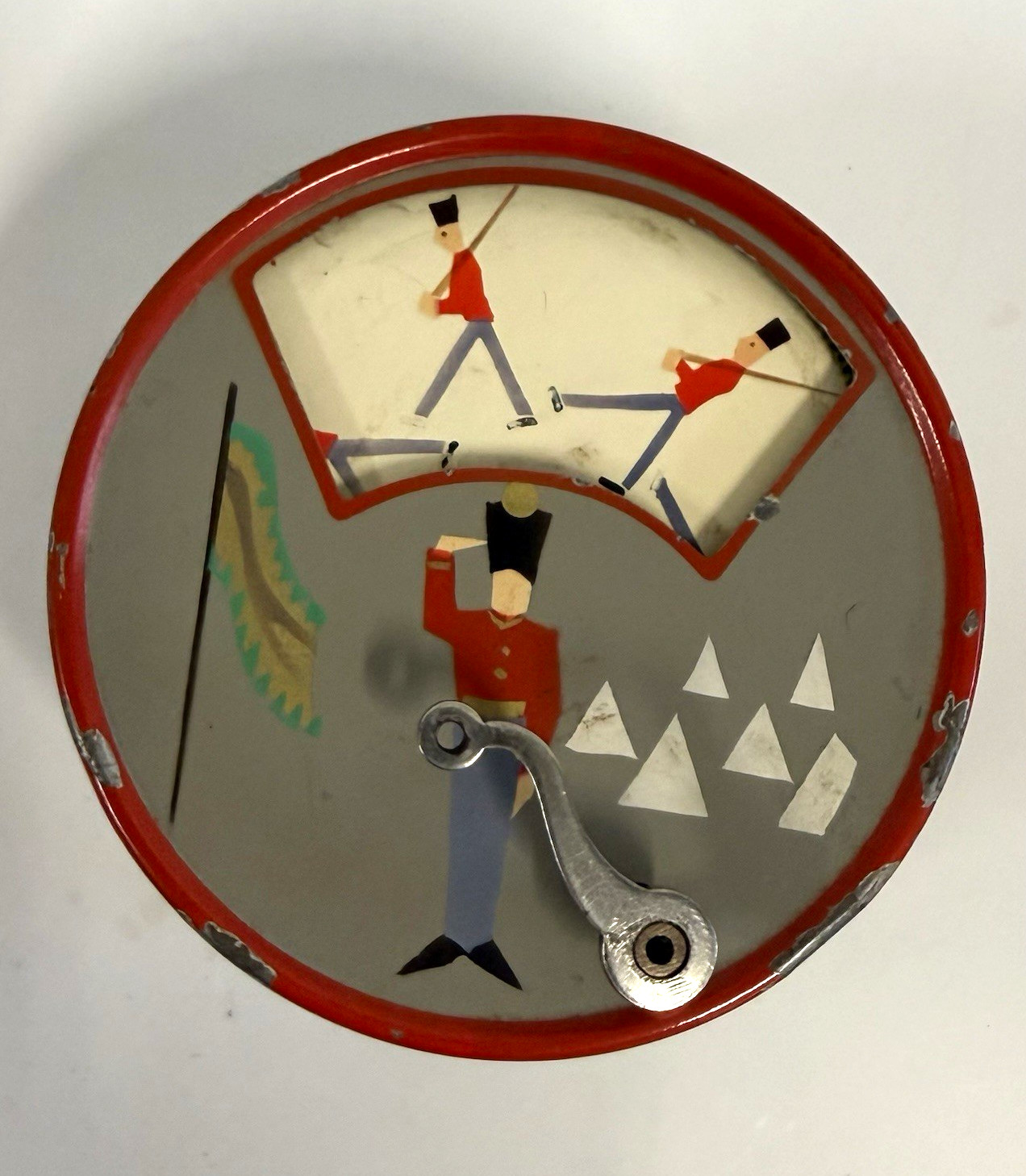 Vintage Switzerland Hand Crank Mechanical Music Box Tin Soldier Theme Embossed