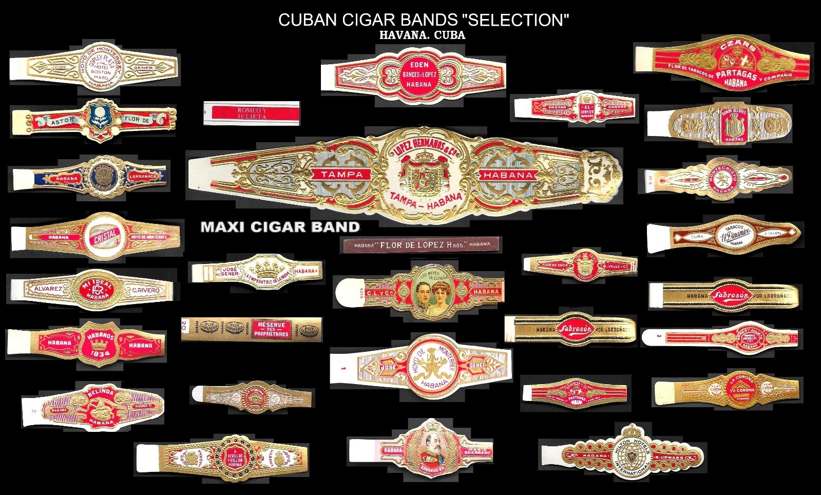 VINTAGE 30 Cuban Cigar Bands Set; SELECTION of 20 brands. Havana. c 1900-50s