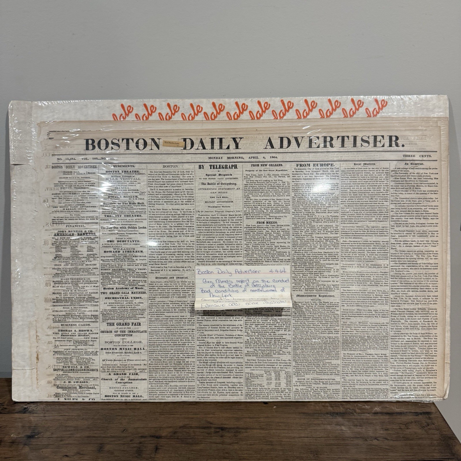 1864 Boston Daily Advertiser Gettysburg Gen Meade Civil War Newspaper