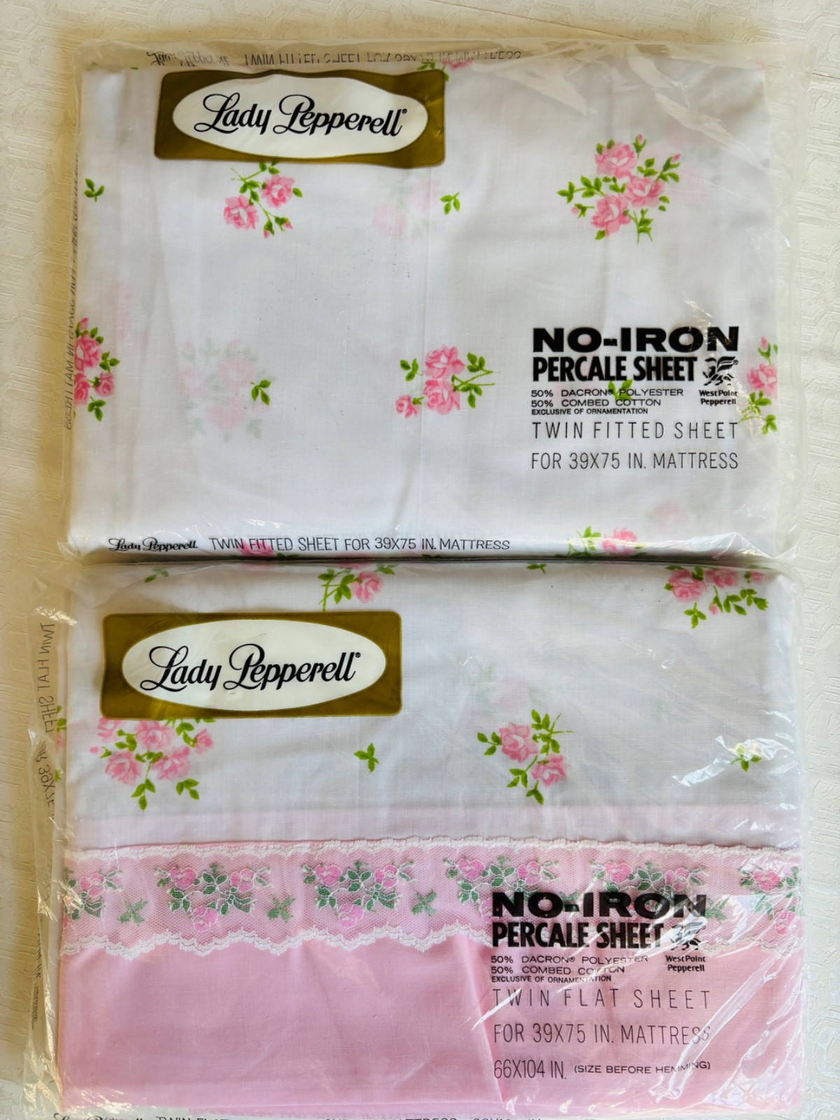NOS VTG 60\'S LADY PEPPERELL PINK LACE TRIM LITTLE FLOWER FLAT&FITTED SHEETS TWIN