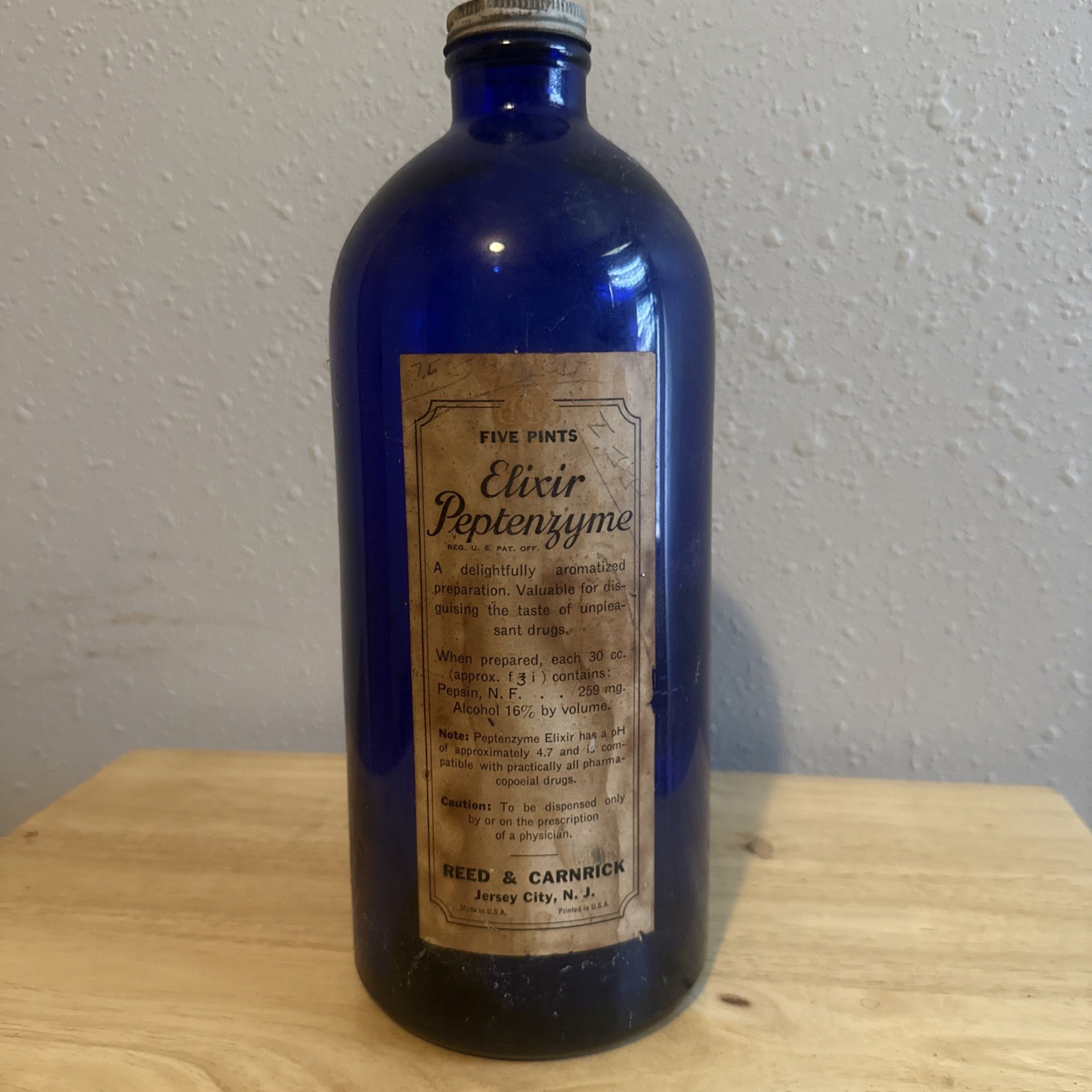 Antique Cobalt Blue Glass Bottle Reed & Carnrick Elixir Peptenzyme 5 Pints Label