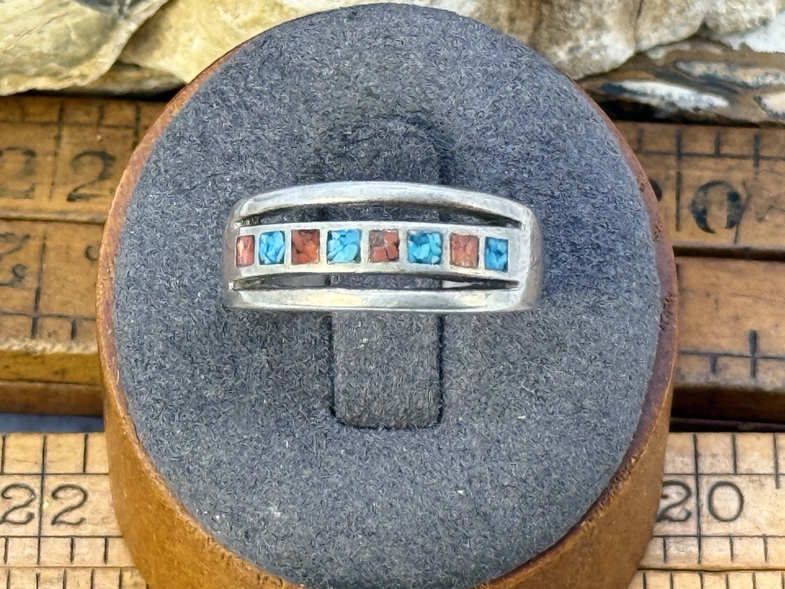 Vintage Native Navajo Sterling Silver Turquoise& Coral Band sz 9.75--2351.26