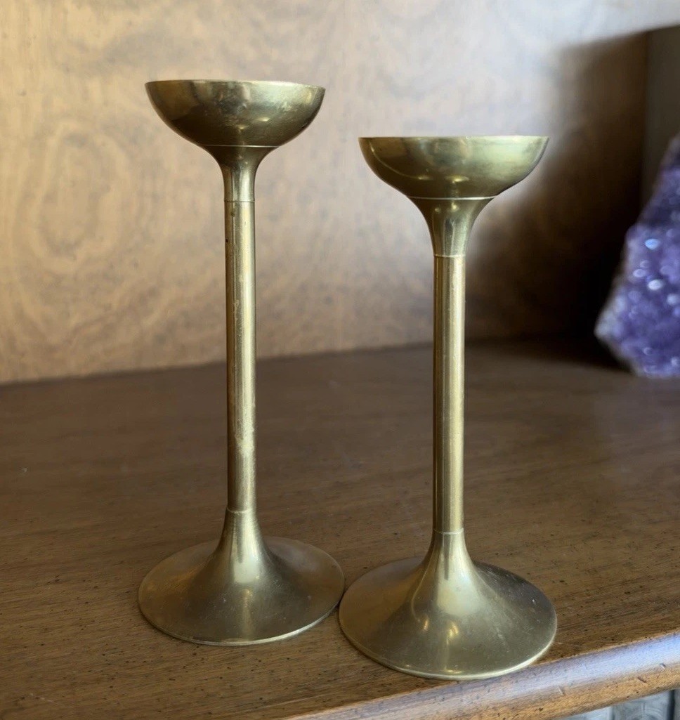 Vintage Brass Candle Holders Pair Mid Century Modern Pedestal MCM European