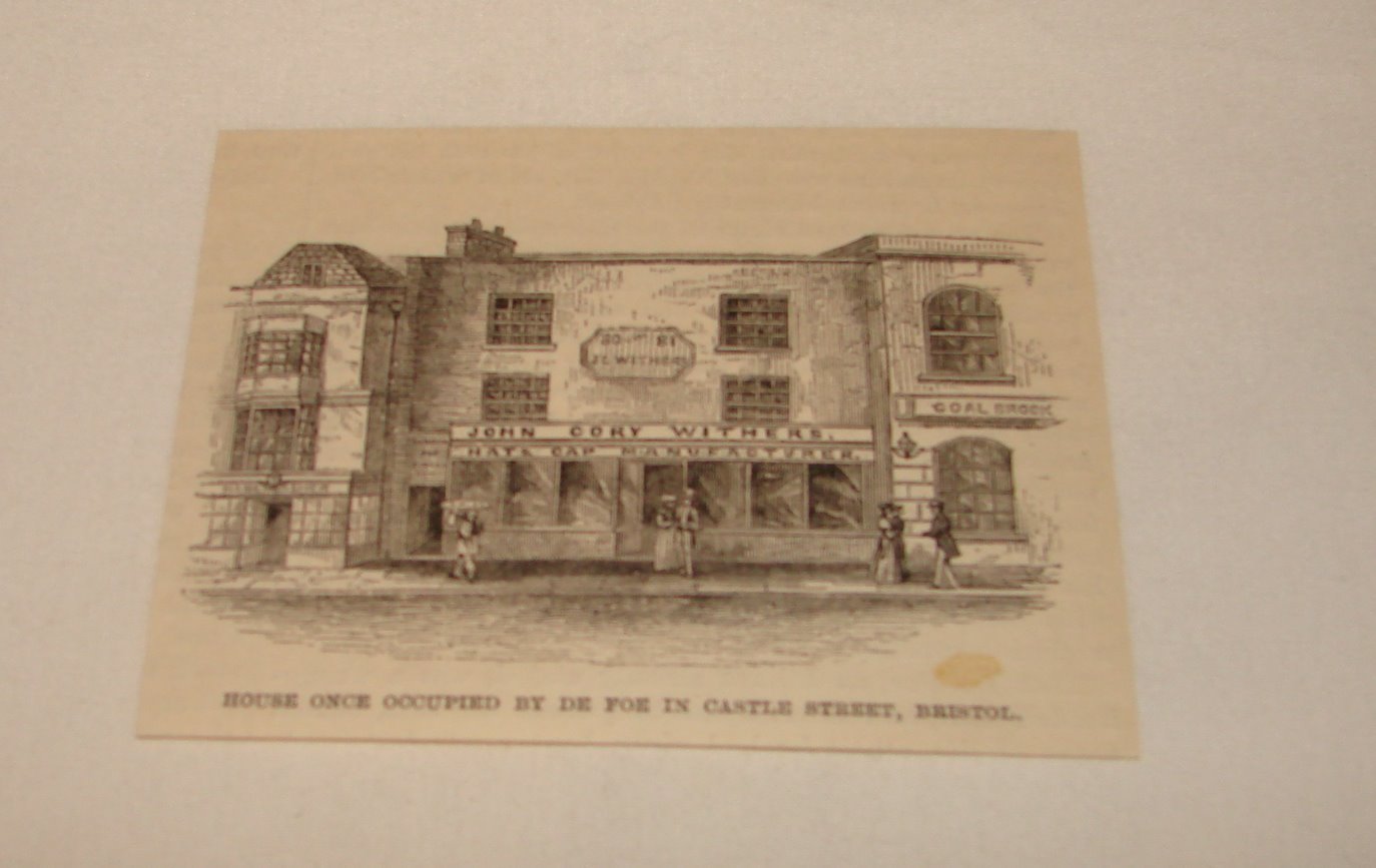 1886 magazine engraving ~ HOUSE OF DANIEL DEFOE IN BRISTOL, UK