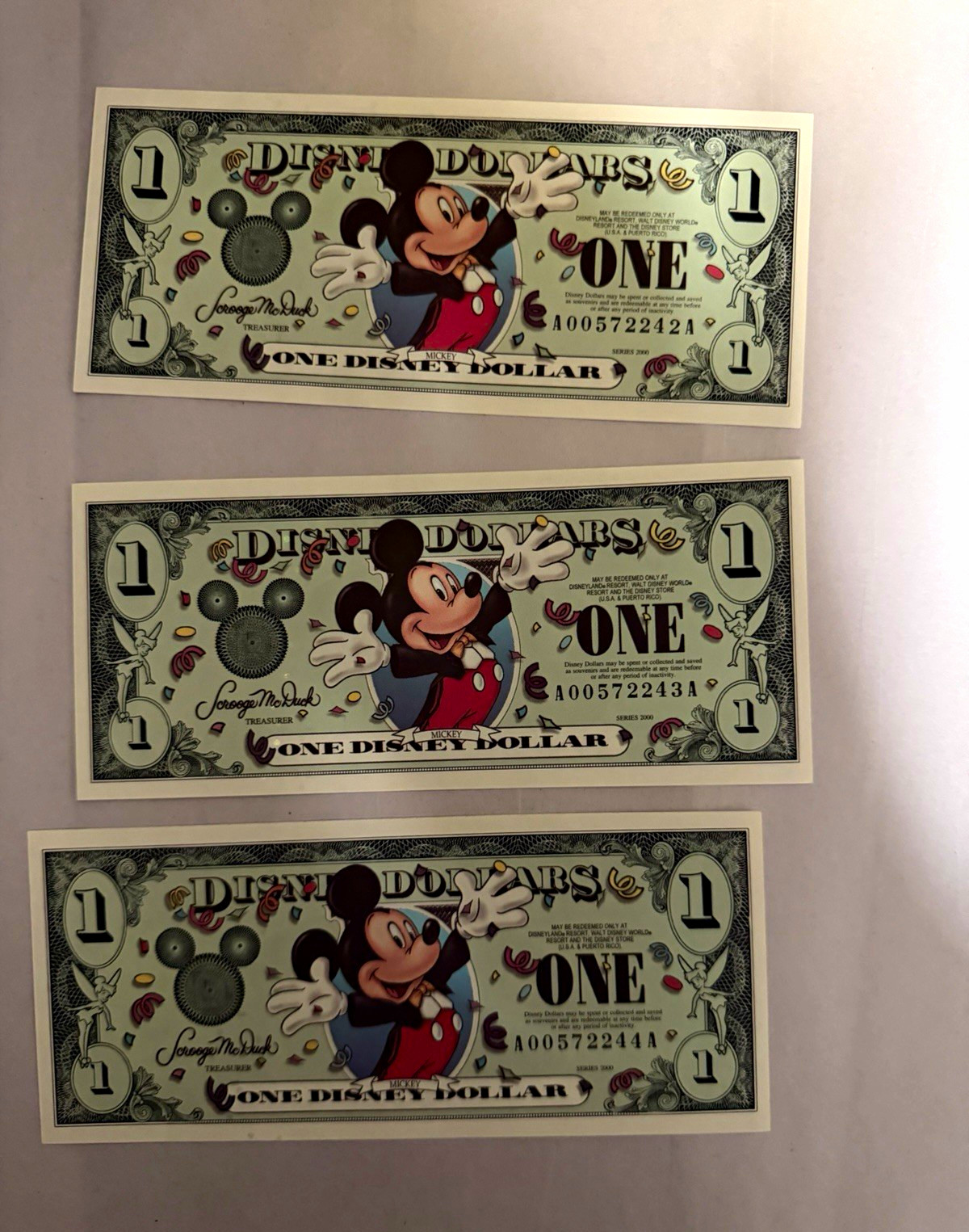 2000 Series Disney Dollars  $1 Uncirculated Consecutive Lot of 3 Series A
