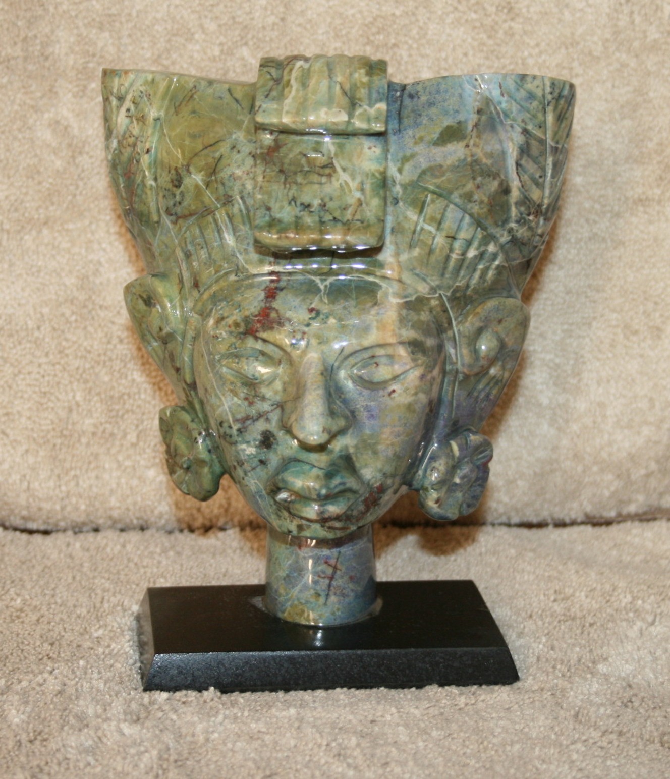 Green Verdite Stone Face Sculpture – Ancient Tribal / Aztec Style Carving –
