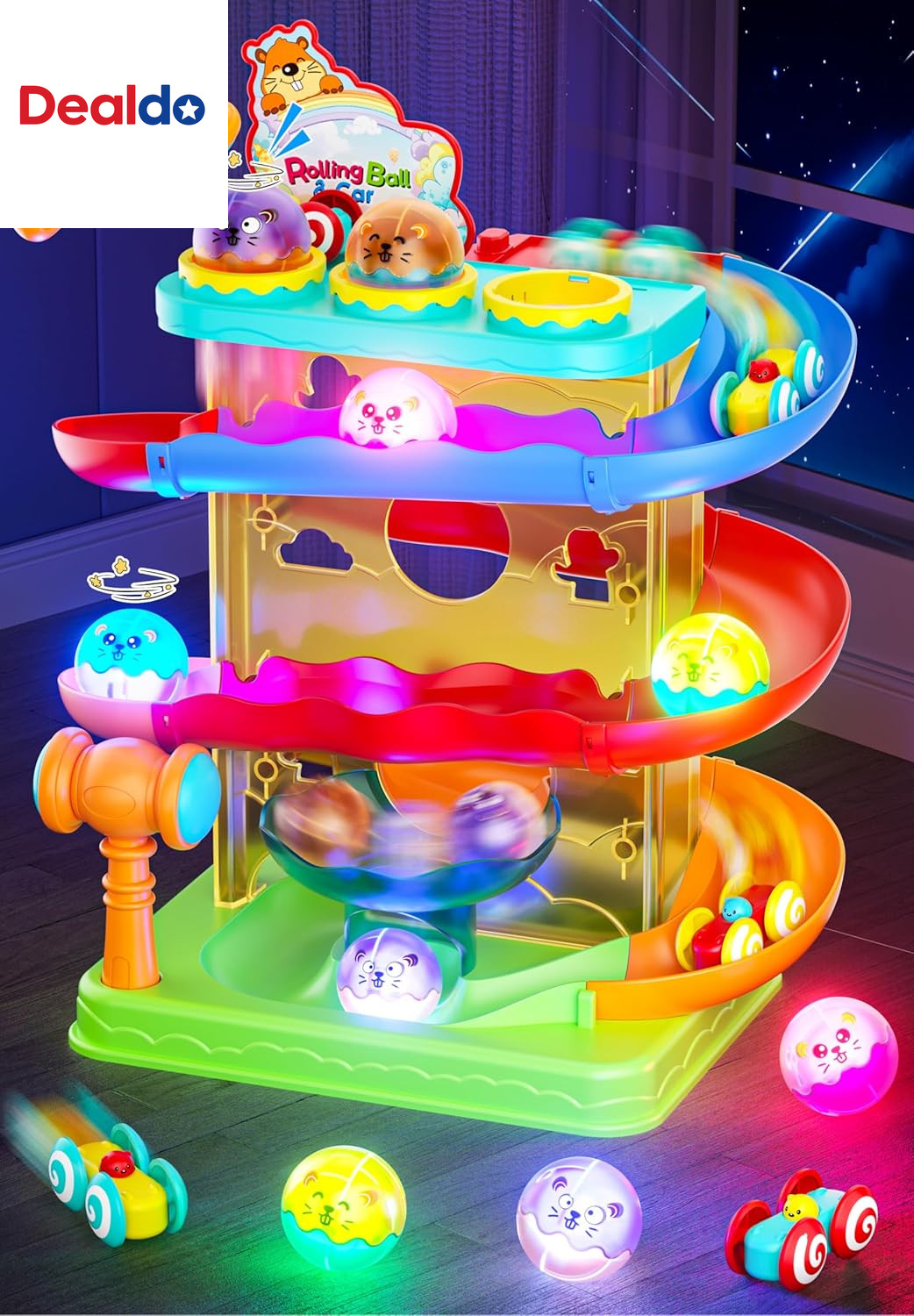 2-In-1 Rolling Ball & Car Ramp Race Track for Toddlers, Hammer Ball Drop Toy for