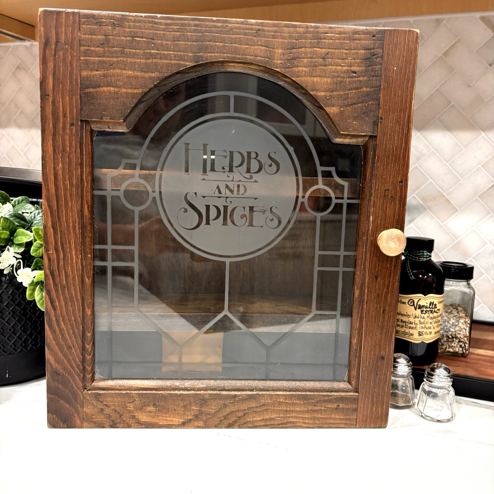 Gailstyn-Sutton Vintage Spice Cabinet 1970s Wood Etched Glass Herbs Spices