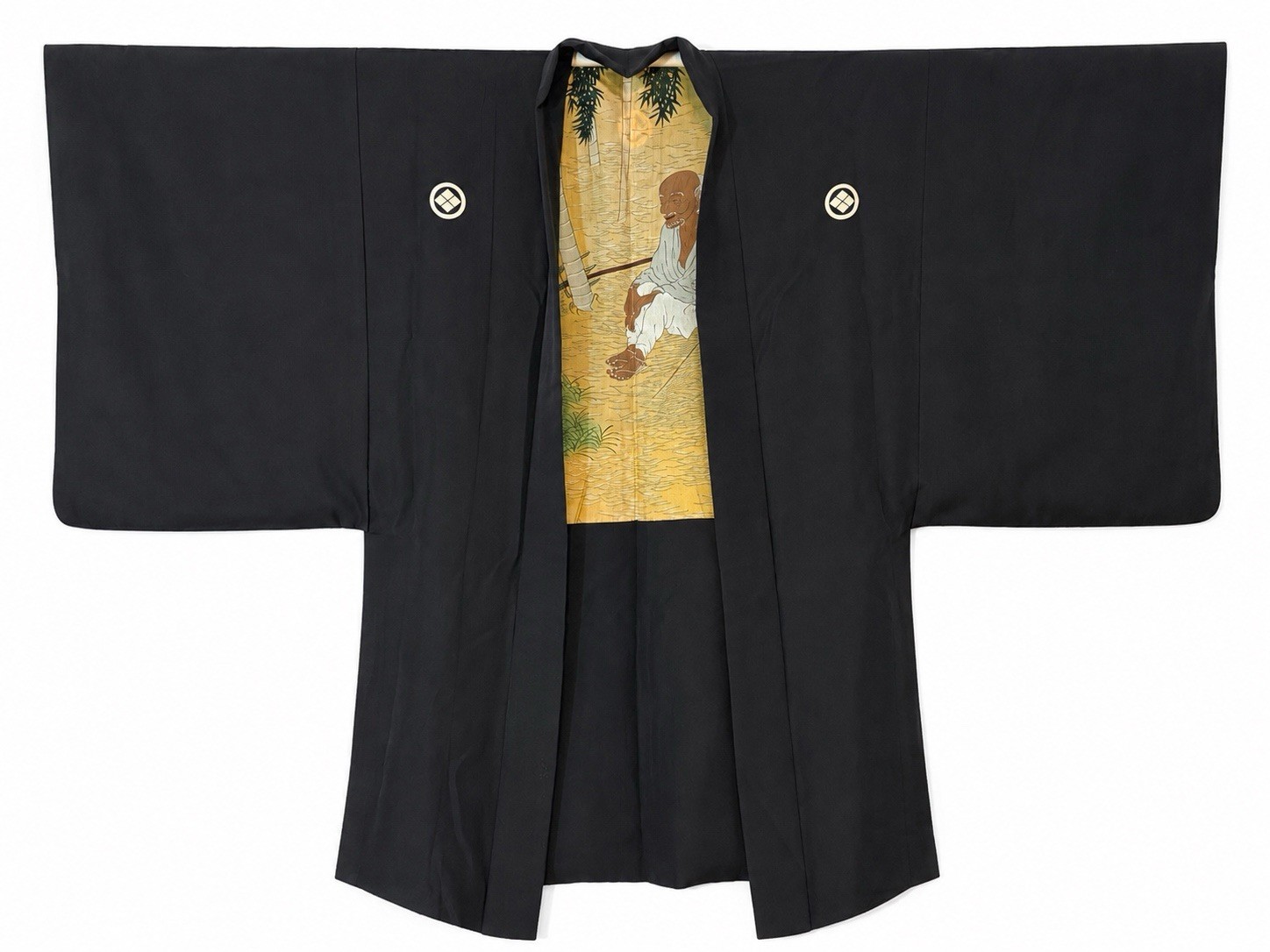 Antique Japanese Men’s Black Silk Haori 5 Kamon Rakan Buddhist Haura Lining