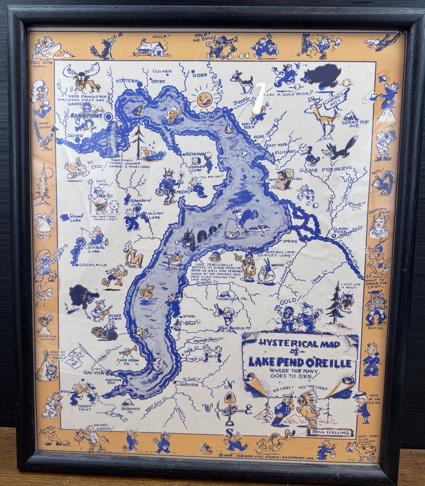 1944 Hysterical Map Lake Pend Oreille Idaho WWII Farragut Navy Stan Gelling