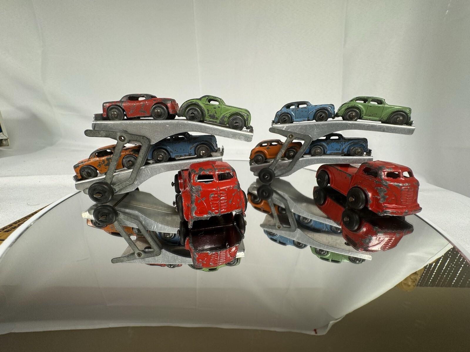 Pair Of Vintage 1950\'s Barclay Double Decker Mini Semi Car Transports with Cars