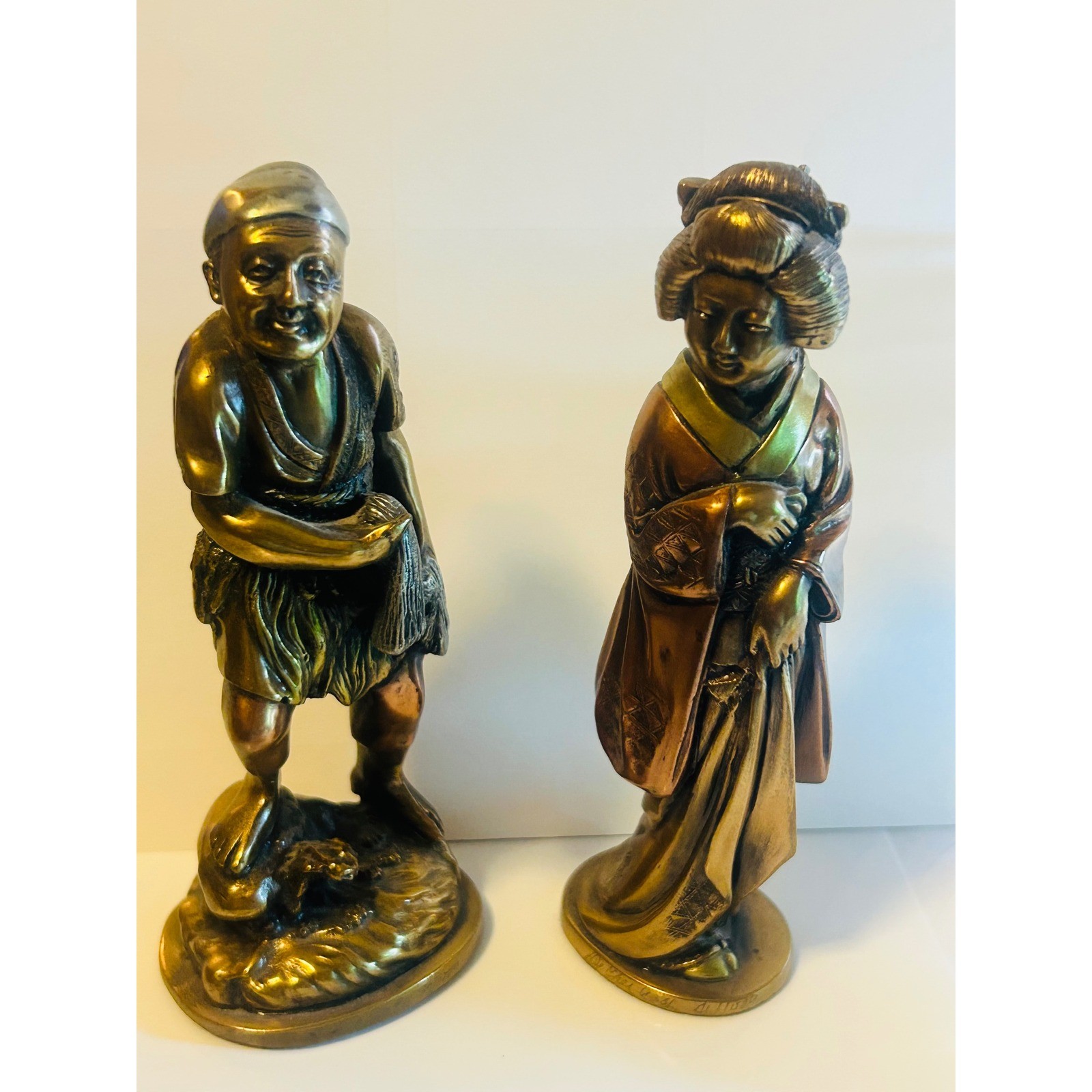 Vintage Japanese Bronze Tone Set Villager + Woman Kimono Statues De Cher 1981